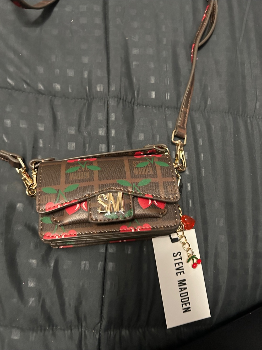 Steve Madden Brown Cherry-Print Crossbody with Gold SM Accent